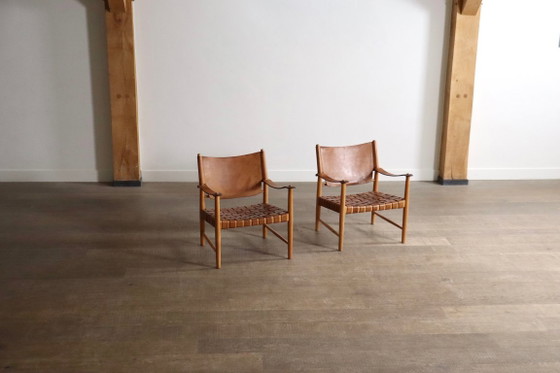 Paire de Fauteuils Safari en Cuir Cognac Tressé, Danemark, années 1960 – Leather (photo 8 of 21)