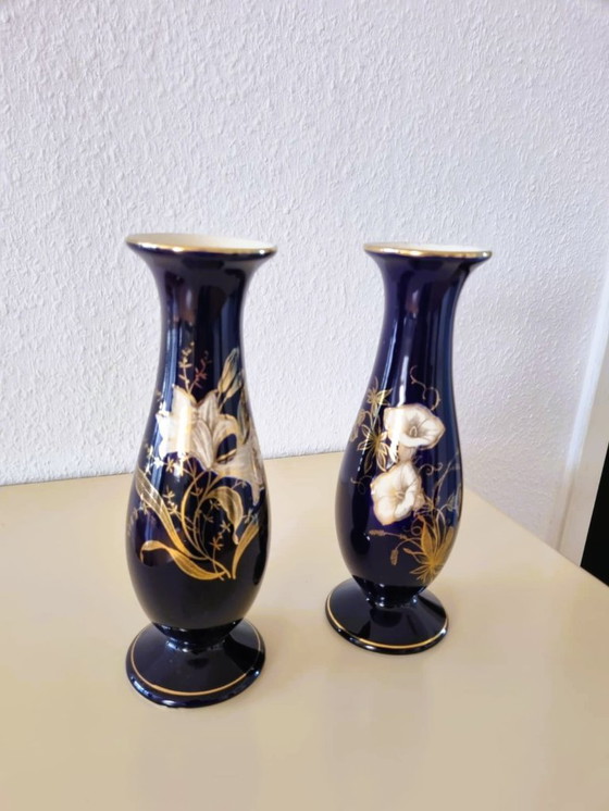 Image 1 of Vasi in porcellana di Limburgo (2x) – blu cobalto con fiori dorati – vintage, realizzati in Germania
