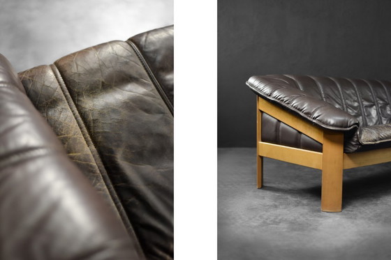 Image 1 of Divano vintage danese a 3 posti in pelle marrone, stile Mid-Century Modern, anni '70