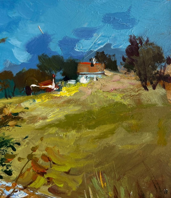 Image 1 of Origineel olieverfschilderij: Landschap bij een zomerhuis. Een rustige weg naar inheemse plekken.