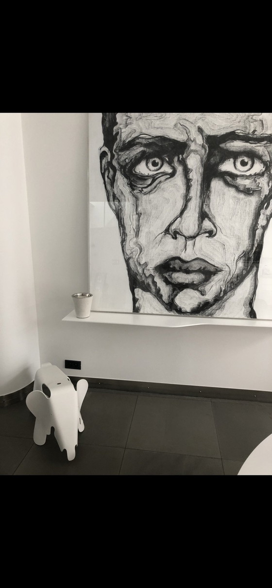 Dessin au fusain derrière plexiglas, Objets d'art, Papier, Noir (photo 2 sur 5)
