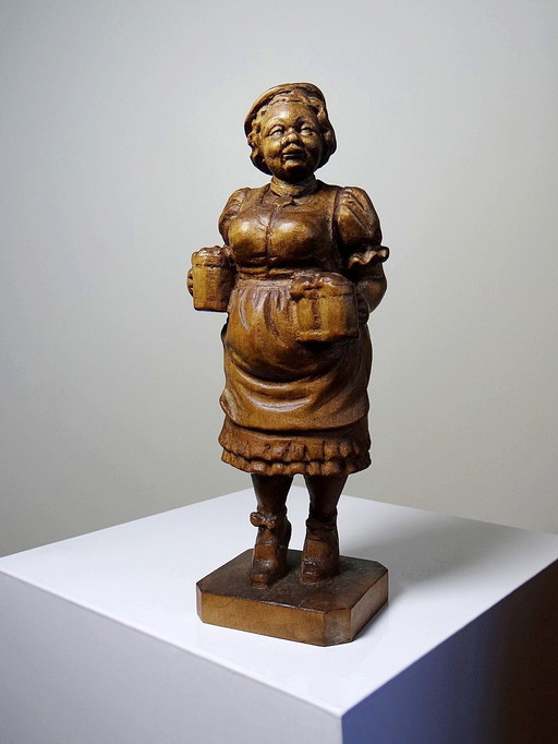 Ludwig Roger Wooden Carved Subject "The Beer Waitress" Germany 50's