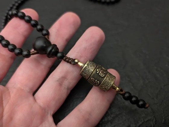 Image 1 of Black Ebony Wood Mala Necklace 108 Beads Tibetan Rotating Prayer Wheel Pendant Om Mani