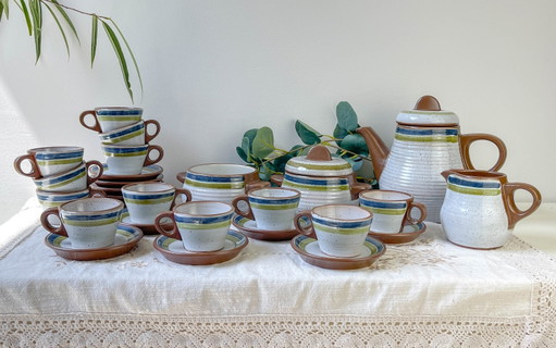 Juego de café vintage de gres moteado gris de los años 50 con rayas verdes y azules - Tazas de café de gres vintage