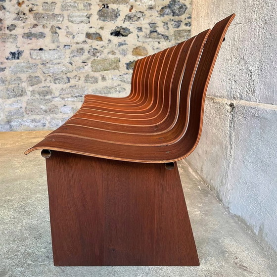 Image 1 of Curved teak and steel bench, 1950