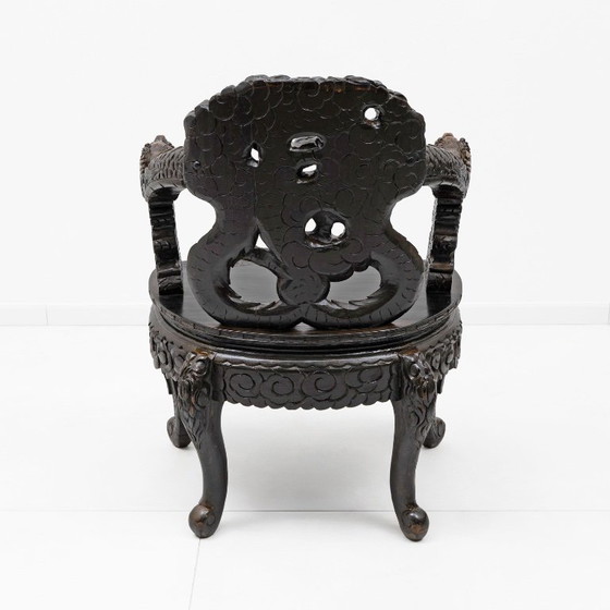 Image 1 of Pair of Chinese Qing Dynasty Carved Dragon Armchairs, Ebonized Hardwood, 19th