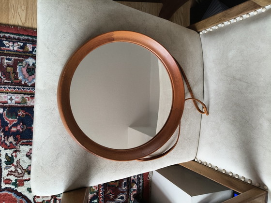 Image 1 of Vintage O.W. Hack Mirror – Teak & Leather – 1960s (Dutch Design) Description: