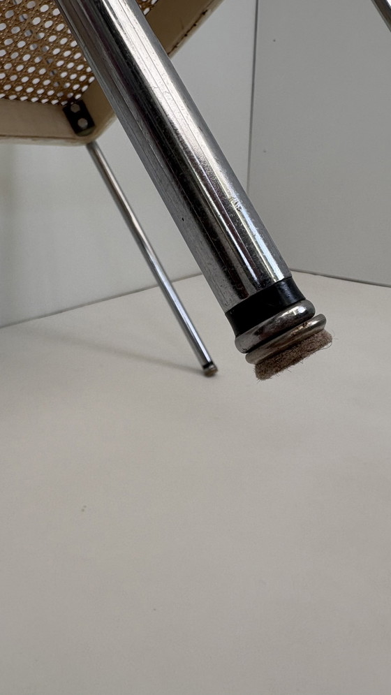 Image 1 of 2 x vintage armchair rattan/webbing chrome tube frame white wood