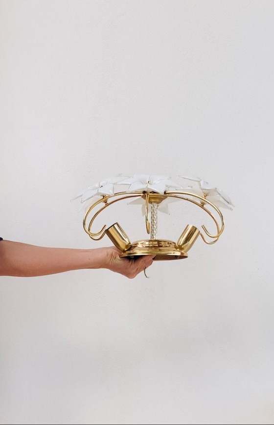 Vintage Italian Murano Floral Ceiling Light, 6 White Hand-Blown Glass Flowers, Metal (photo 3 of 8)