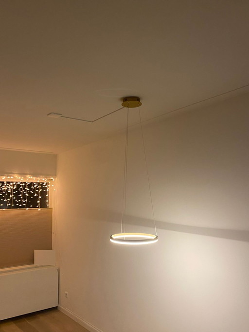 Circular gold pendant lamp by Rietveld Licht (dimmable without dimmer)