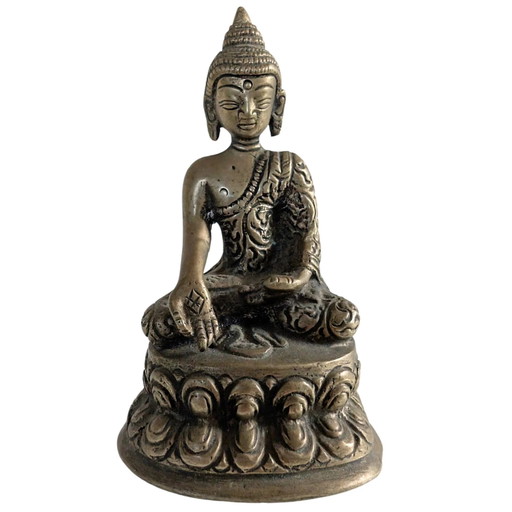 Statua di Buddha in Ottone Antico (10cm) - Bhumisparsha Mudra & Svastica - Nepal