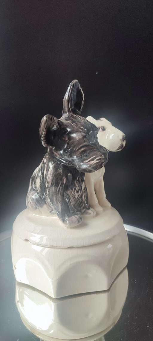 Poudrier ancien en céramique Scottish & Fox Terrier