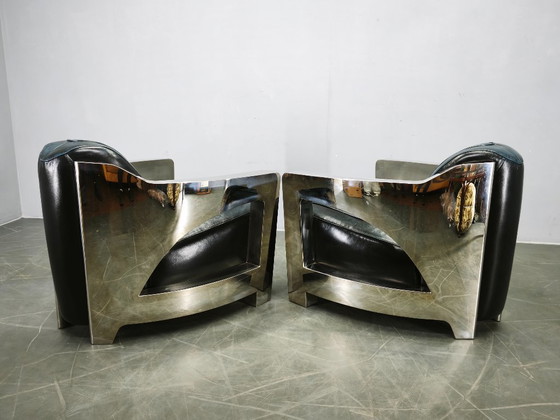 Pair of Timothy Oulton Aviator Leather and Steel Armchairs 1990s (photo 6 of 12)