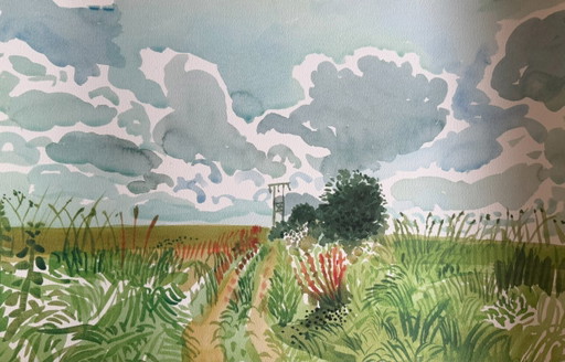 David Hockney (1937-2026), "Cart Track and Pylon, East Yorkshire", copyright David Hockney, Stampato nel Regno Unito