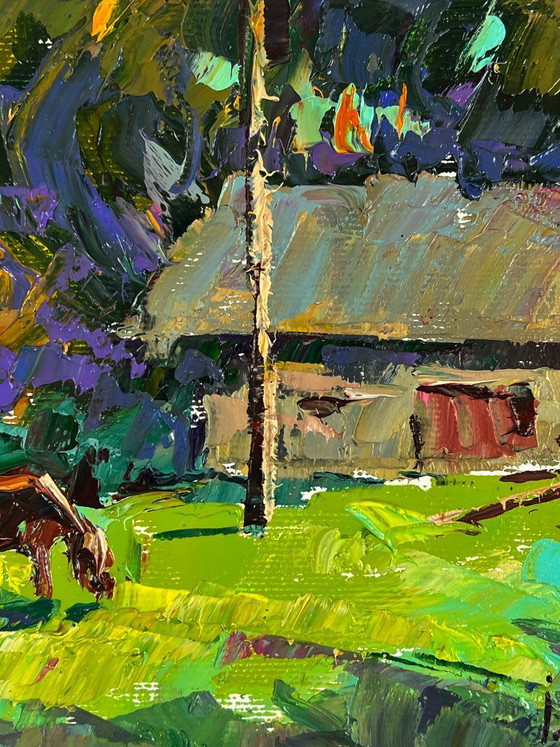 Image 1 of Peinture à l'huile originale représentant un paysage rural et une journée d'été au village