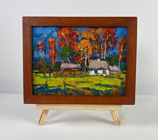 Original Oil Painting Autumn Village Landscape The gold of an October day