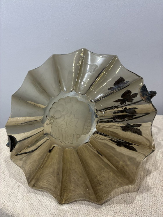 Fruttiera Art Déco in vetro fumé con montatura a foglie di metallo, Belgio, Accessori da tavola, Grigio (foto 3 di 5)