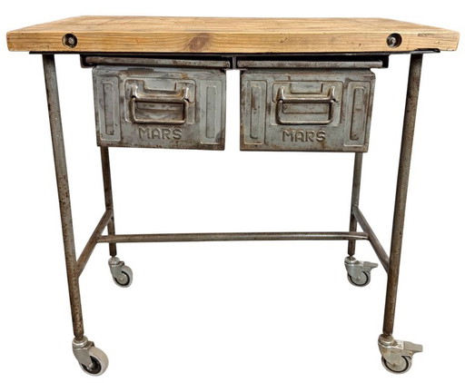 Vintage industriële werktafel op wielen, jaren 60