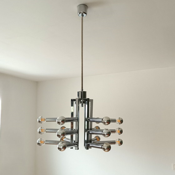 Image 1 of Lustre spoutnik/orbite chromé vintage avec 18 points lumineux - Sciolari for Cosack
