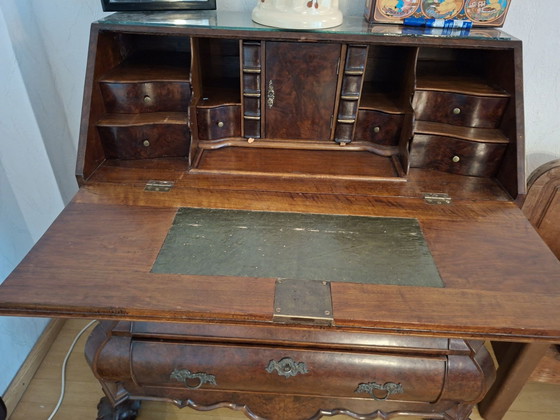 Antiek Biedermeier Secretaire Bureau - notenhout, Leer, Bruin (foto 3 van 5)