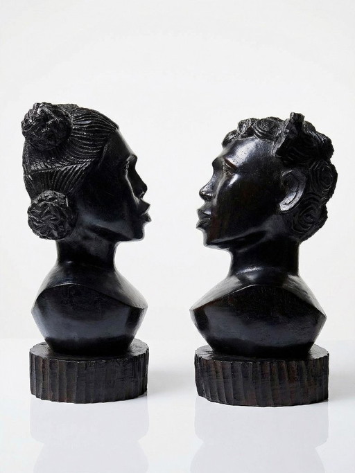 Couple de bustes Malgaches bois exotique foncé sculpté artisanat années 40-70