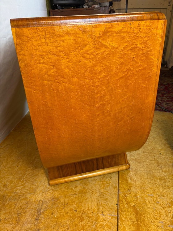 Image 1 of Art Deco Antique Vintage Console Table in Bird’s Eye Maple 1920-1930  Sweeping U-Shaped Base • Brass Details • Elegant Statement