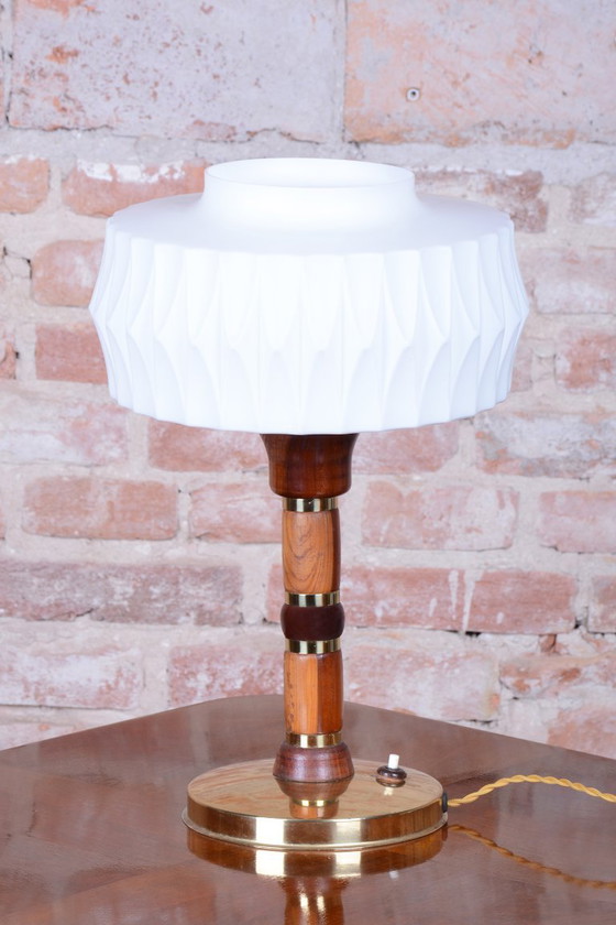 Restored Mid-Century Table Lamp, Walnut, Brass, Glass, Rewired, Czech, 1960s – Wood (photo 8 of 11)