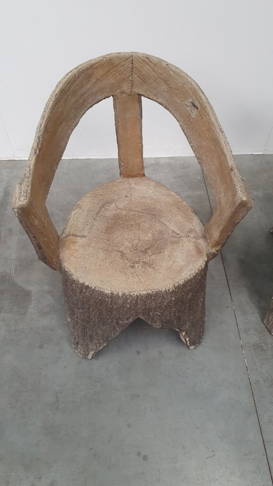 Image 1 of Vintage faux wood cement garden set 4 chairs/table Brutalist 60s France