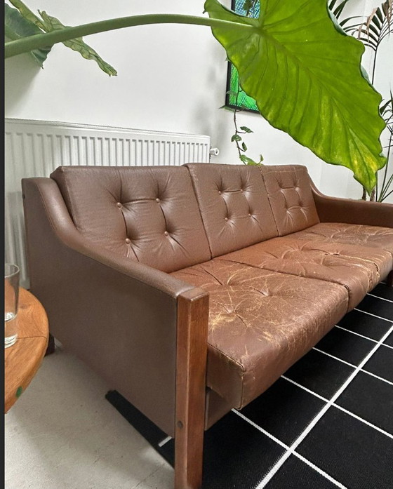 Image 1 of Scandinavische Mid-Century driezits leren bank met palissander