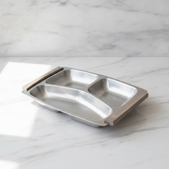 Image 1 of Vintage Mid-Century Dienblad – 18-8 Rvs met Teakhouten Handgrepen – KH Design
