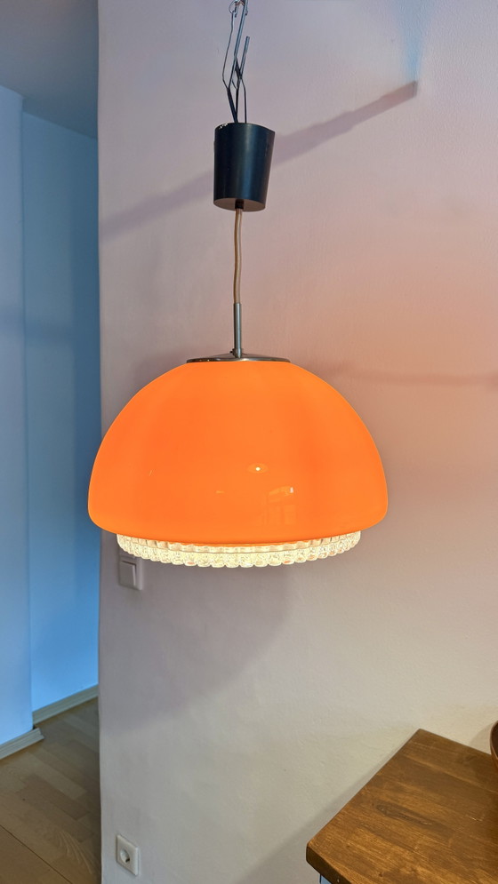 Suspension Peill & Putzler style Space Age – Années 1970 – Orange – Ø 36 cm – Design vintage – Glass, Chrome (photo 2 of 9)