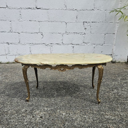 French vintage green onyx marble and bronze coffee table-marble cocktail table-lounge table style Louis xv - 60s