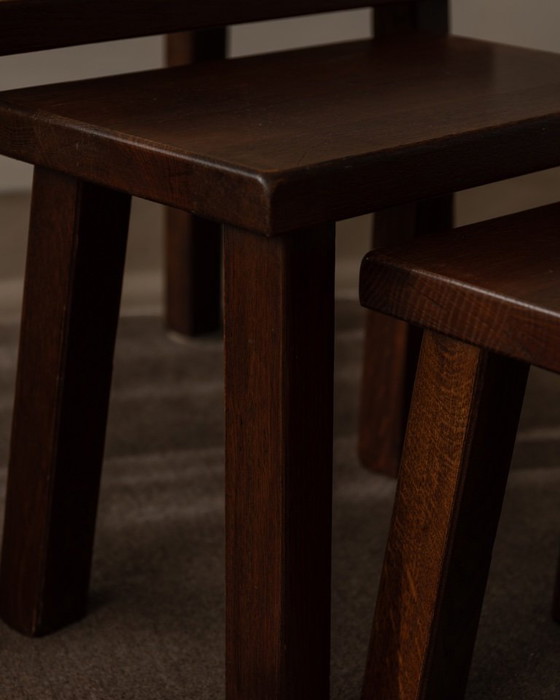 Image 1 of Vintage Brutalist Solid Oak Nesting Tables (Set of 3) – Dutch, 1970s