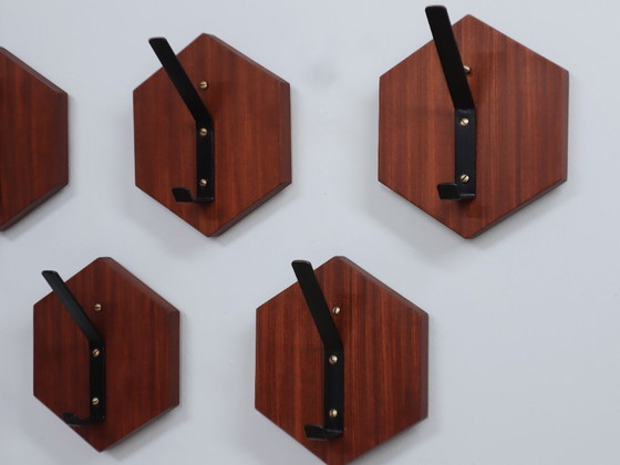 Image 1 of Set of 7 Vintage Teak Wall Hooks 1950s Modular Hexagonal Design