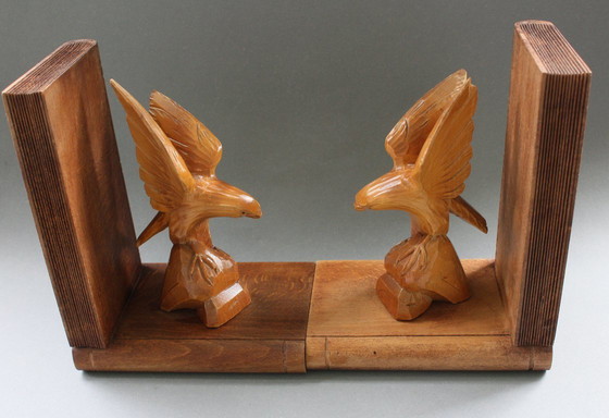 Image 1 of Art Deco bookends, eagle hand-carved from wood