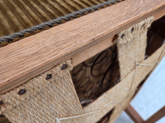 Image 1 of Anni '70, poltrona scandinava con schienale alto e ala, mobili in velluto a coste, legno di quercia intagliato.