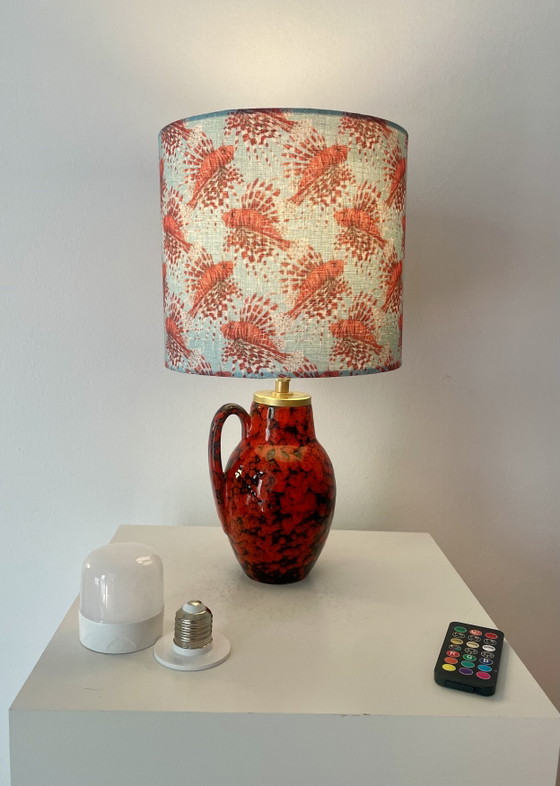 Image 1 of Small cordless table lamp made from Scheurich vase with dragonfish shade