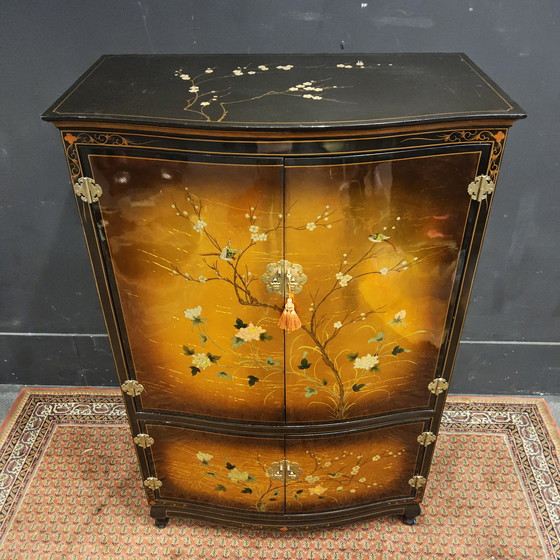 Image 1 of Vintage Chinese cabinet birds, flowers gold leaf bohemian cabinet / oriental cabinet / chinese cabinet