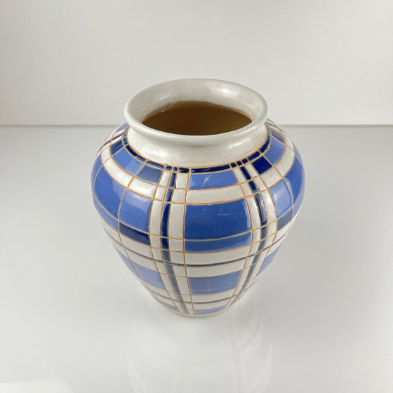Image 1 of Vaso vintage degli anni '50, terracotta smaltata, decorazione geometrica blu e bianca