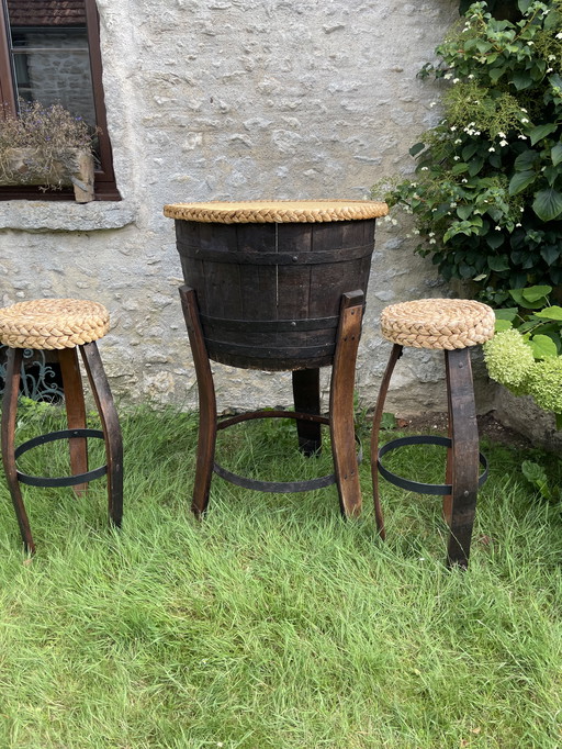 Rattan bar and stool attributed to Audoux and Minet