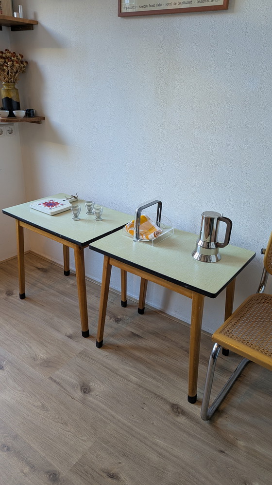 Image 1 of Pair of Vintage 60s green formica side table / school table