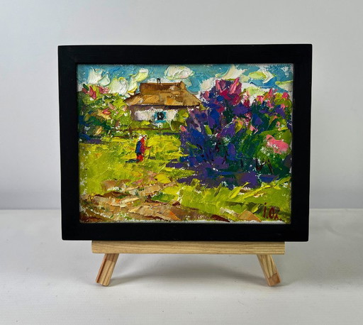 Original Oil Painting Day Village Landscape Spring breathes memories