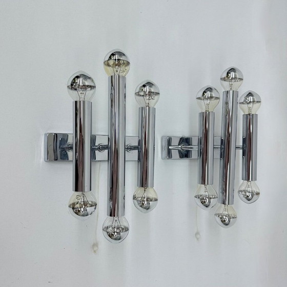 Image 1 of Paar Gaetano Sciolari Wandlampen Leuchter Chrom Rohr , 1970er Jahre