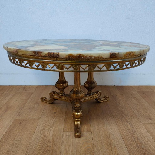 Table basse ronde Vintage Regency avec plateau en marbre onyx 89cm