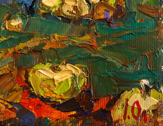 Image 1 of Original Oil Painting Autumn Houses Landscape Autumn vegetable gardens