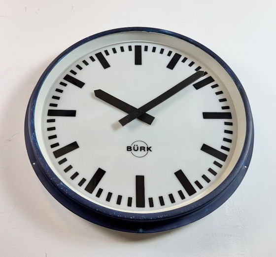 Image 1 of Grote blauwe Duitse industriële fabriekswandklok van Burk, jaren 60
