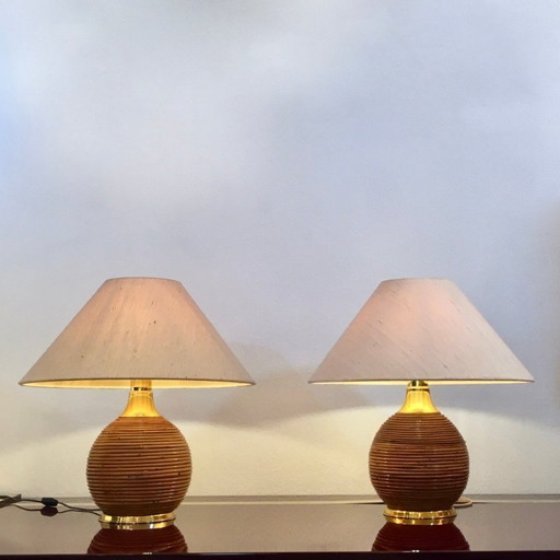 2x Brass & Rattan Table Lamps in the manner of Vivai del sud 1970s