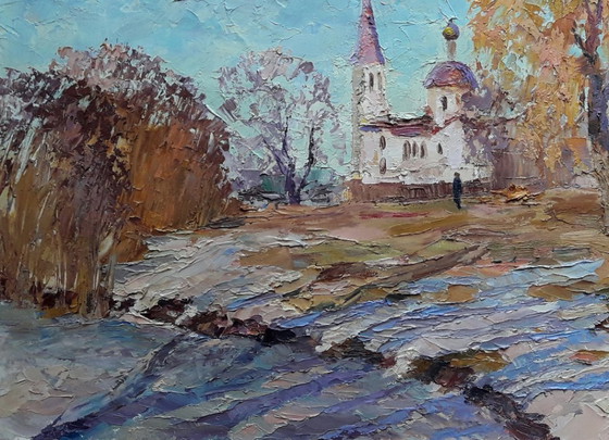 Dipinto a olio originale Paesaggio invernale con un tempio – Dipinti e disegni, Tela (photo 8 of 8)