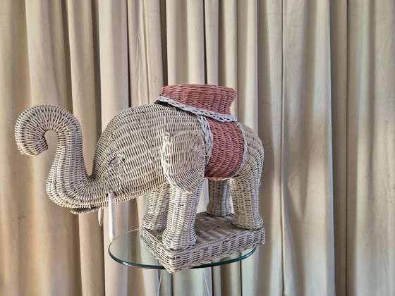 Image 1 of Vintage white and pink wicker elephant