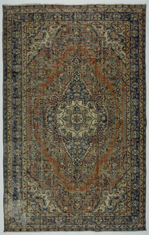 Grande tappeto turco vintage Oushak 260 × 167 cm | Tappeto medaglione in lana anatolica tessuto a mano